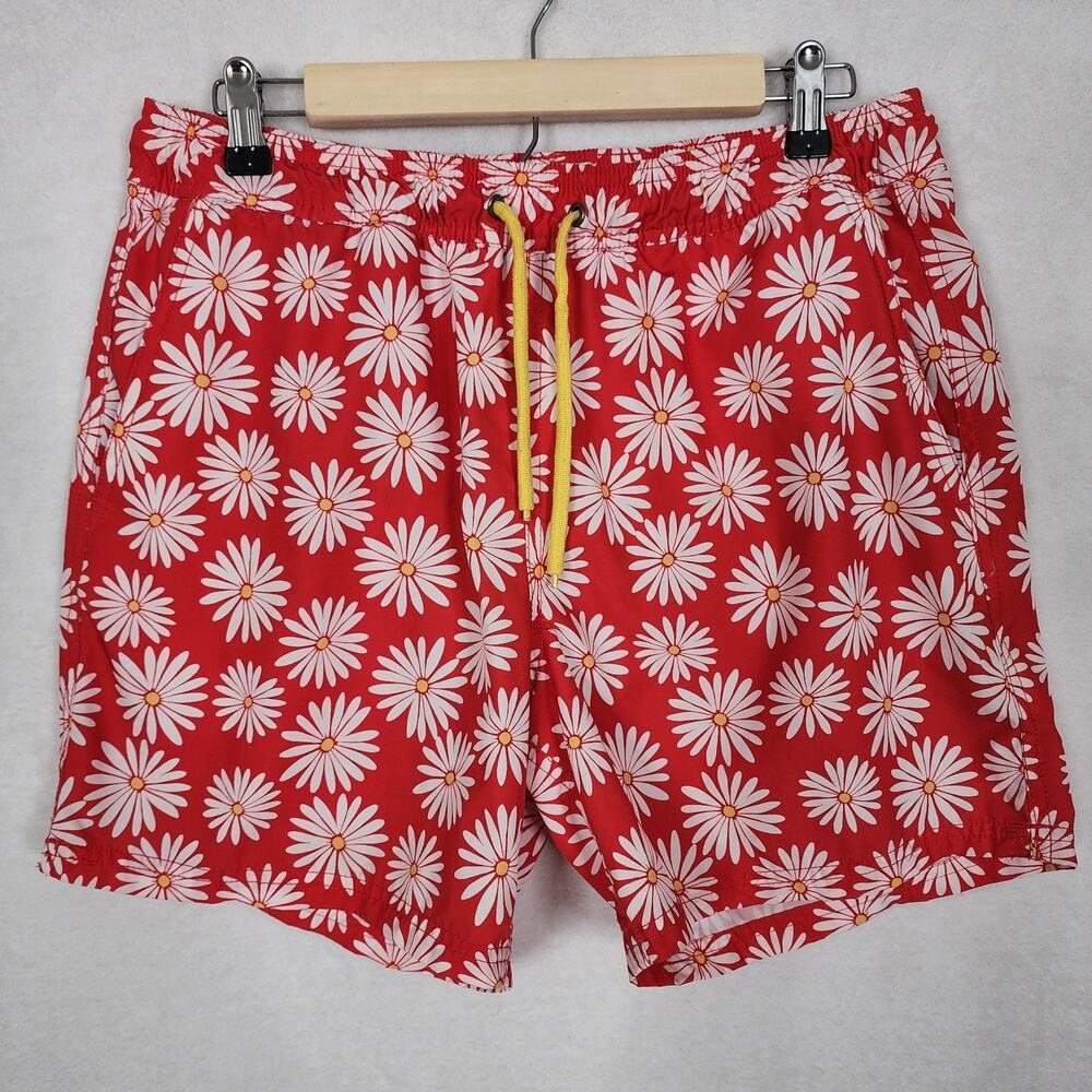 J.Crew Flex Swimwear Men's Sz Medium Red White Daisy Floral Swim Trunks Shorts